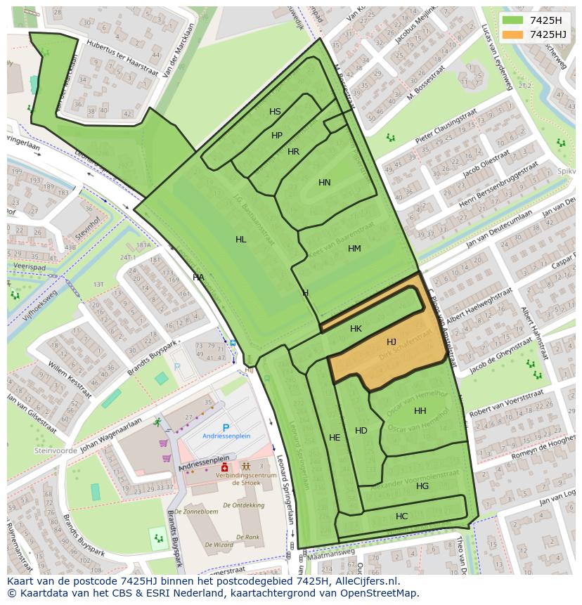 Afbeelding van het postcodegebied 7425 HJ op de kaart.