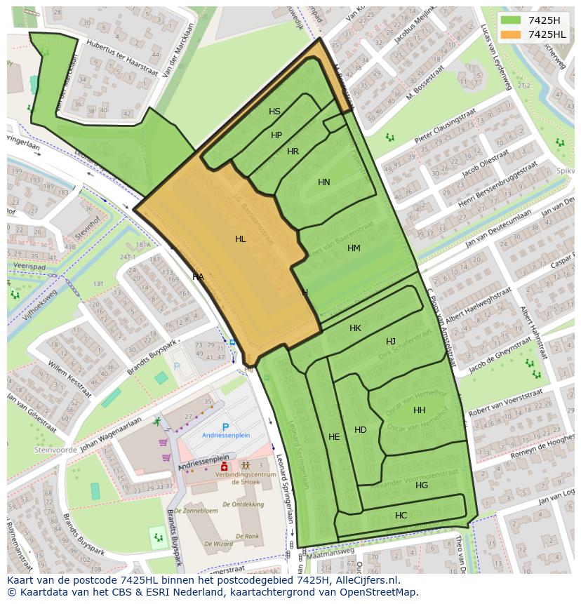 Afbeelding van het postcodegebied 7425 HL op de kaart.