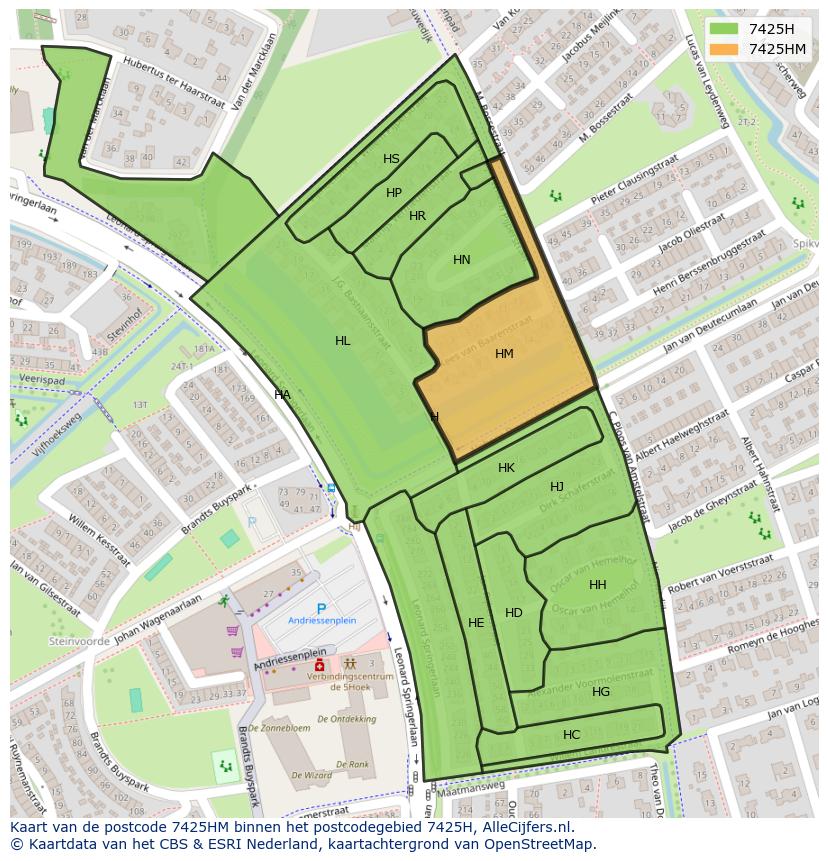 Afbeelding van het postcodegebied 7425 HM op de kaart.