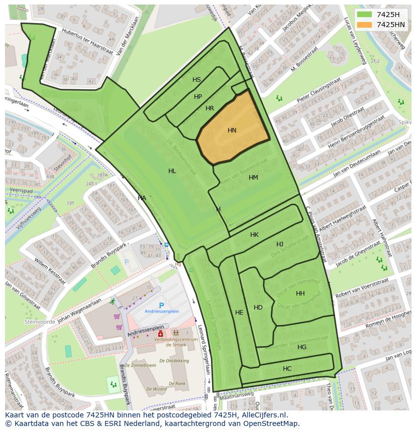 Afbeelding van het postcodegebied 7425 HN op de kaart.