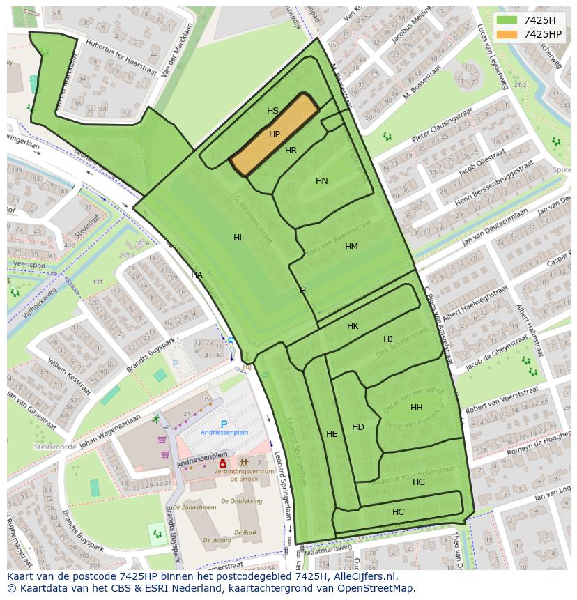 Afbeelding van het postcodegebied 7425 HP op de kaart.