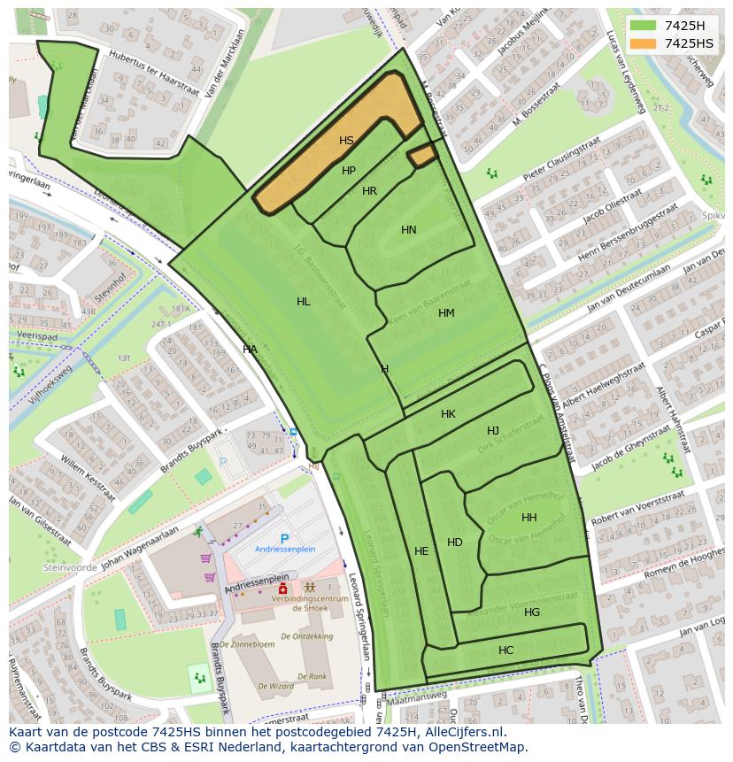 Afbeelding van het postcodegebied 7425 HS op de kaart.