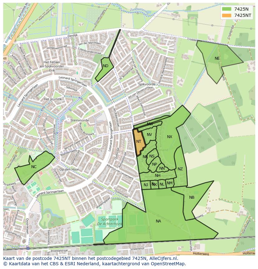 Afbeelding van het postcodegebied 7425 NT op de kaart.
