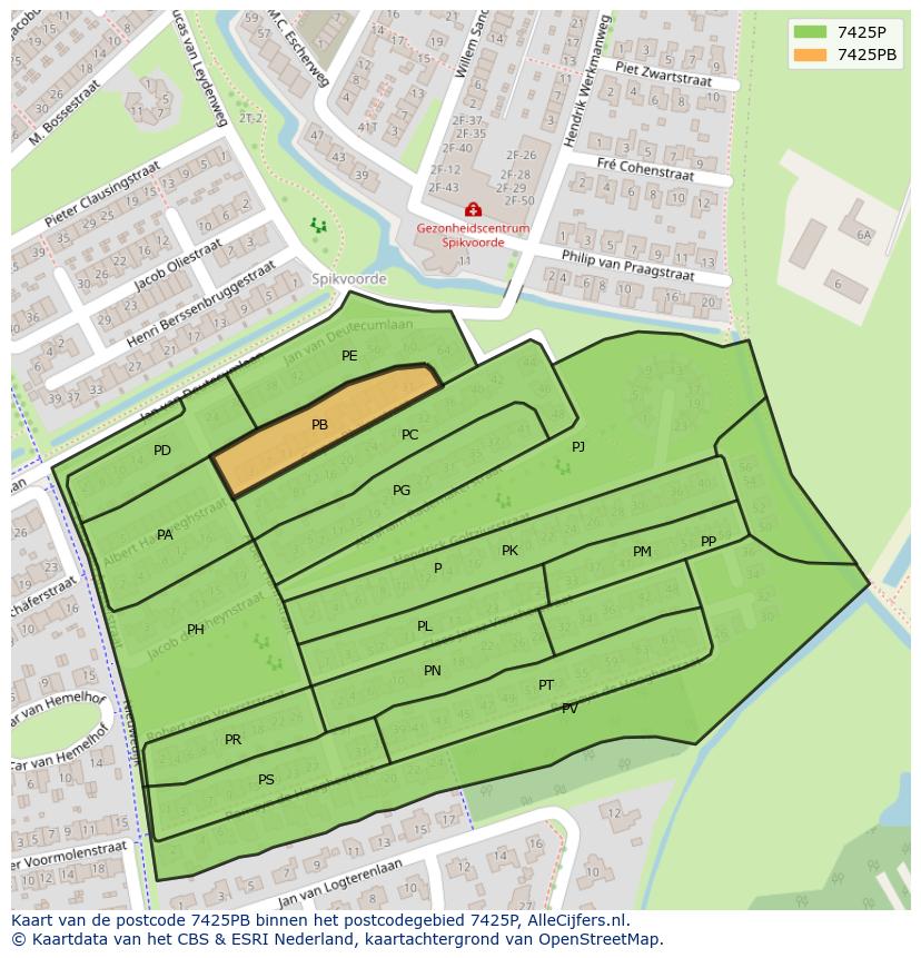 Afbeelding van het postcodegebied 7425 PB op de kaart.