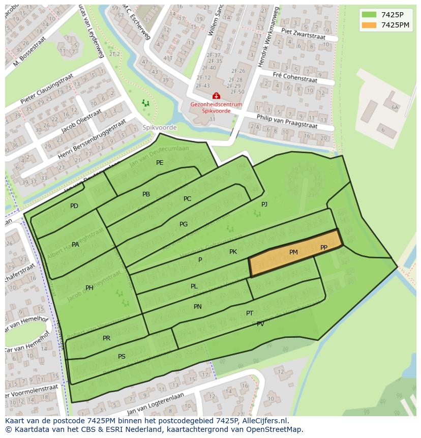 Afbeelding van het postcodegebied 7425 PM op de kaart.