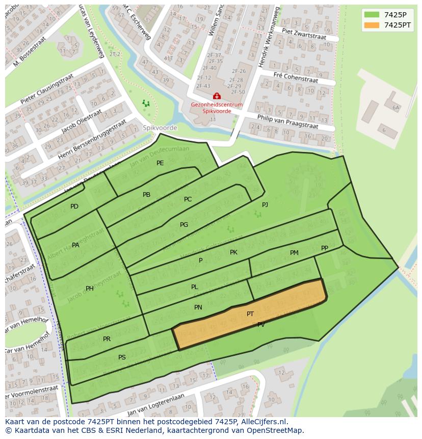 Afbeelding van het postcodegebied 7425 PT op de kaart.