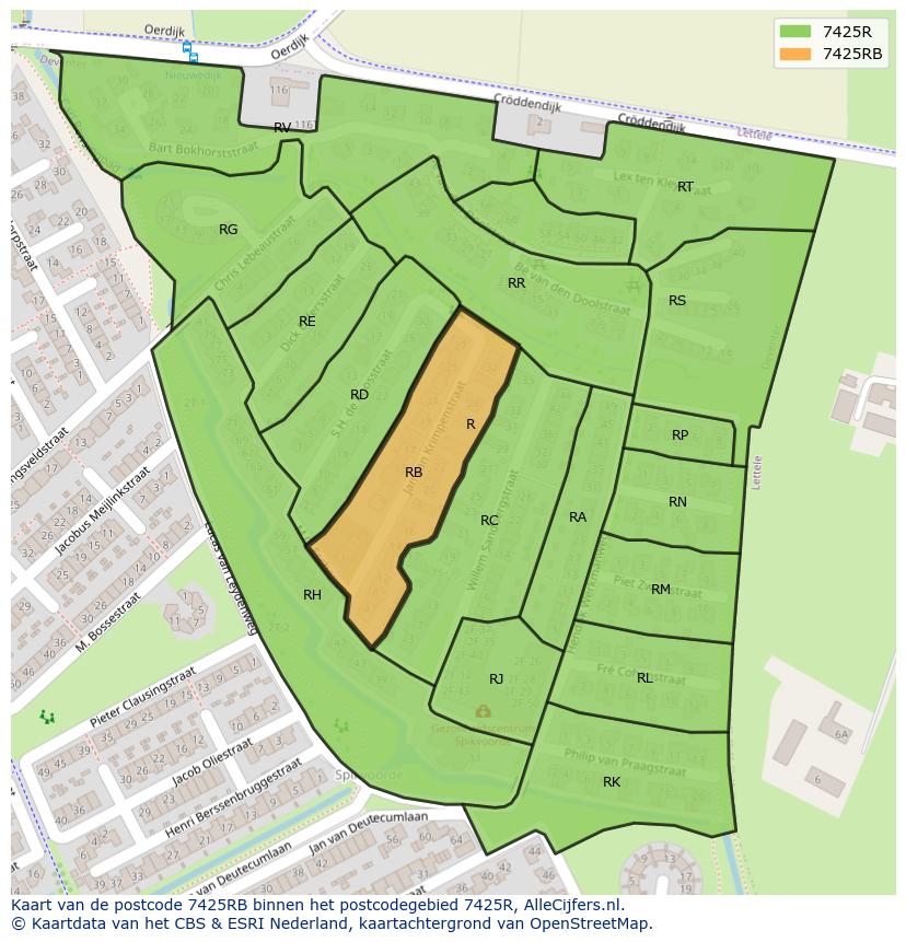 Afbeelding van het postcodegebied 7425 RB op de kaart.