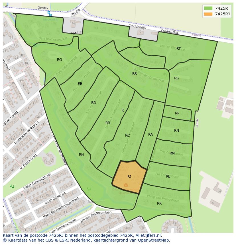Afbeelding van het postcodegebied 7425 RJ op de kaart.