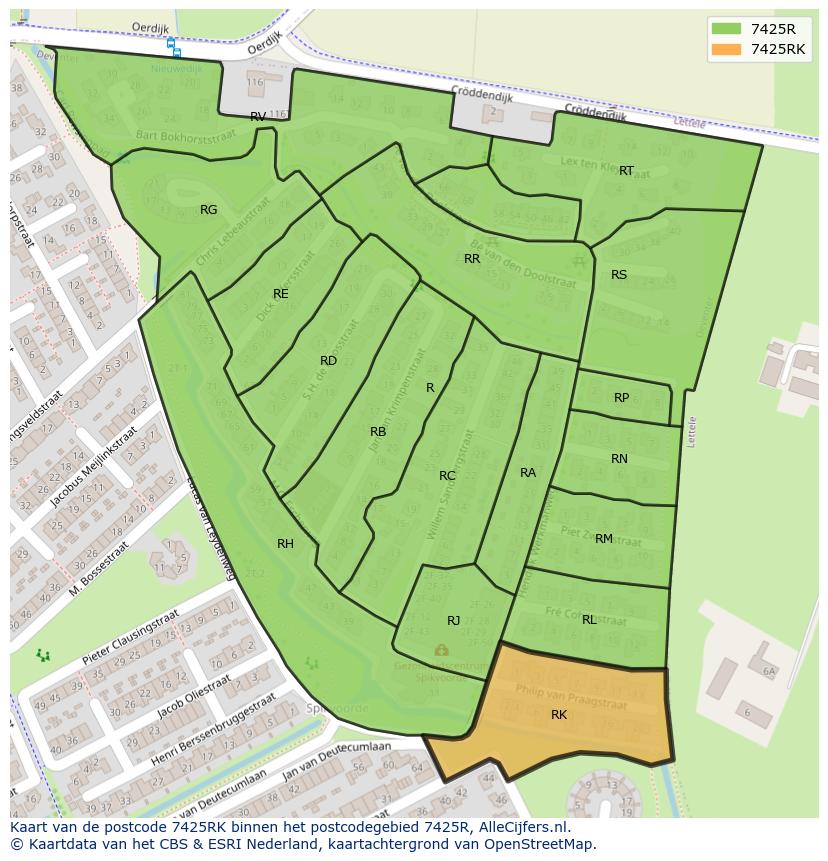 Afbeelding van het postcodegebied 7425 RK op de kaart.