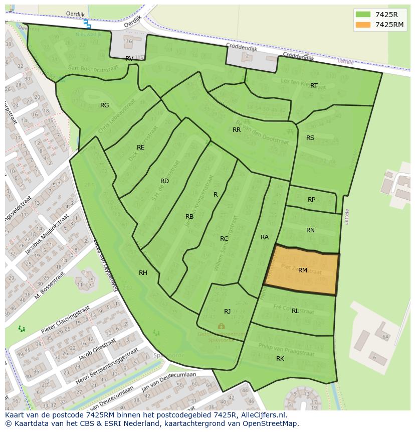 Afbeelding van het postcodegebied 7425 RM op de kaart.