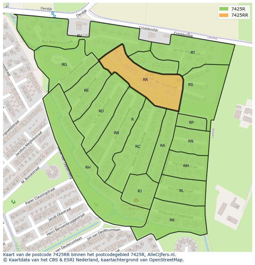 Afbeelding van het postcodegebied 7425 RR op de kaart.