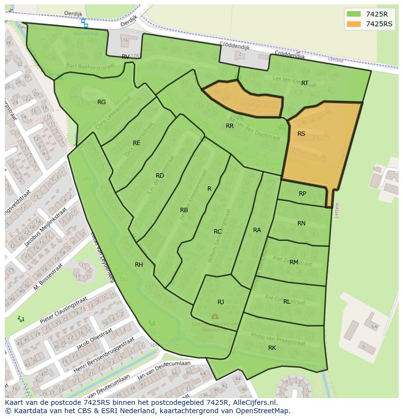 Afbeelding van het postcodegebied 7425 RS op de kaart.