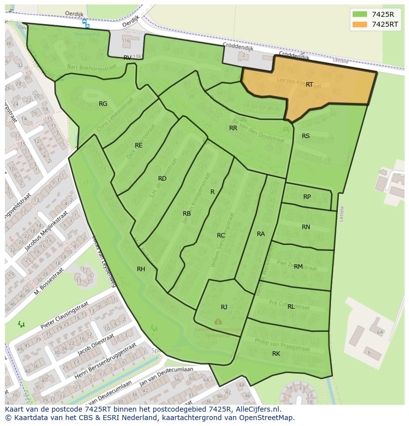 Afbeelding van het postcodegebied 7425 RT op de kaart.