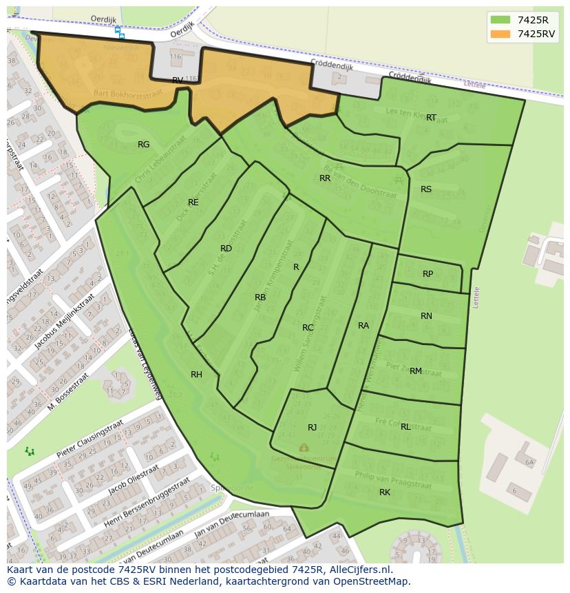 Afbeelding van het postcodegebied 7425 RV op de kaart.