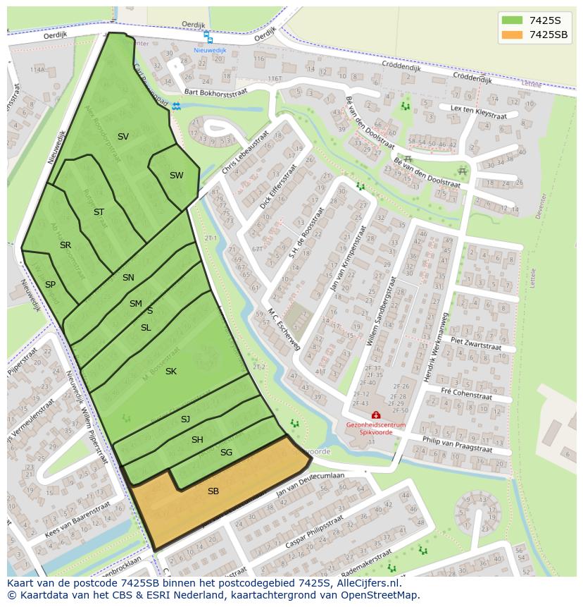 Afbeelding van het postcodegebied 7425 SB op de kaart.