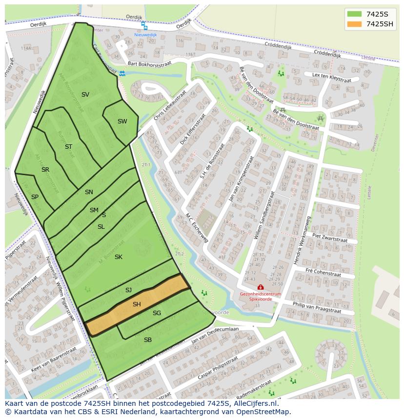 Afbeelding van het postcodegebied 7425 SH op de kaart.