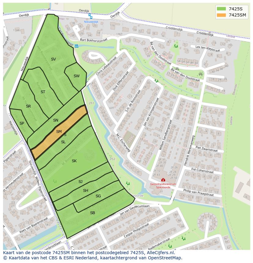 Afbeelding van het postcodegebied 7425 SM op de kaart.