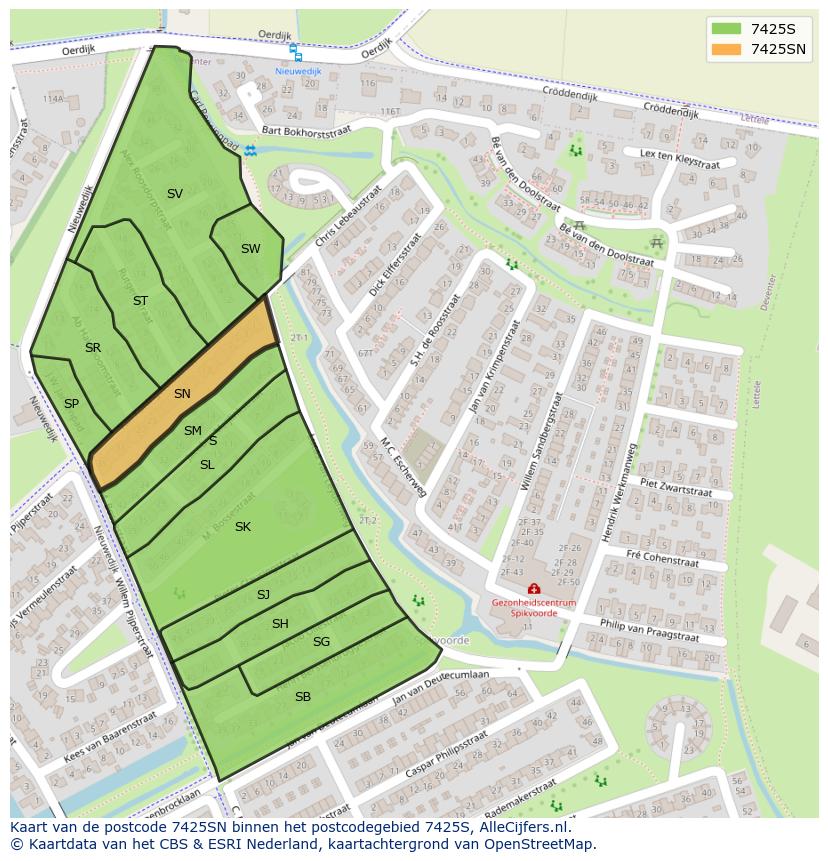 Afbeelding van het postcodegebied 7425 SN op de kaart.
