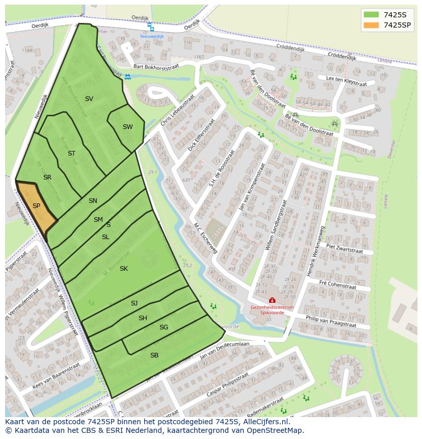 Afbeelding van het postcodegebied 7425 SP op de kaart.