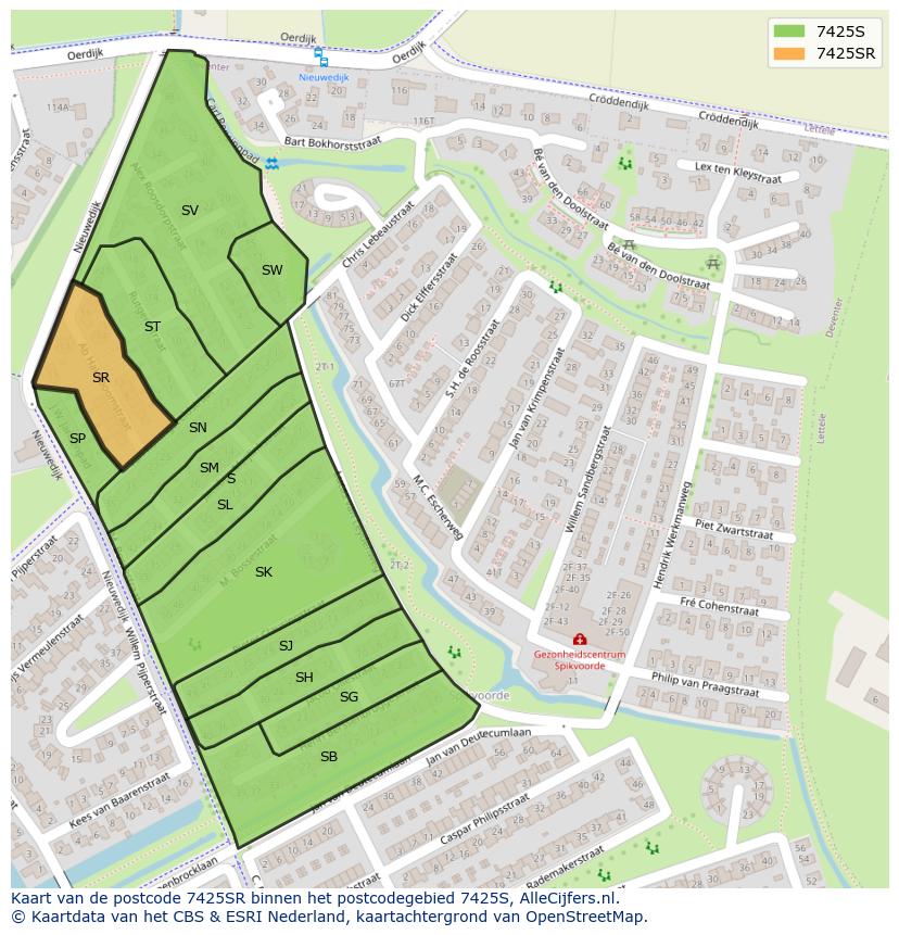 Afbeelding van het postcodegebied 7425 SR op de kaart.