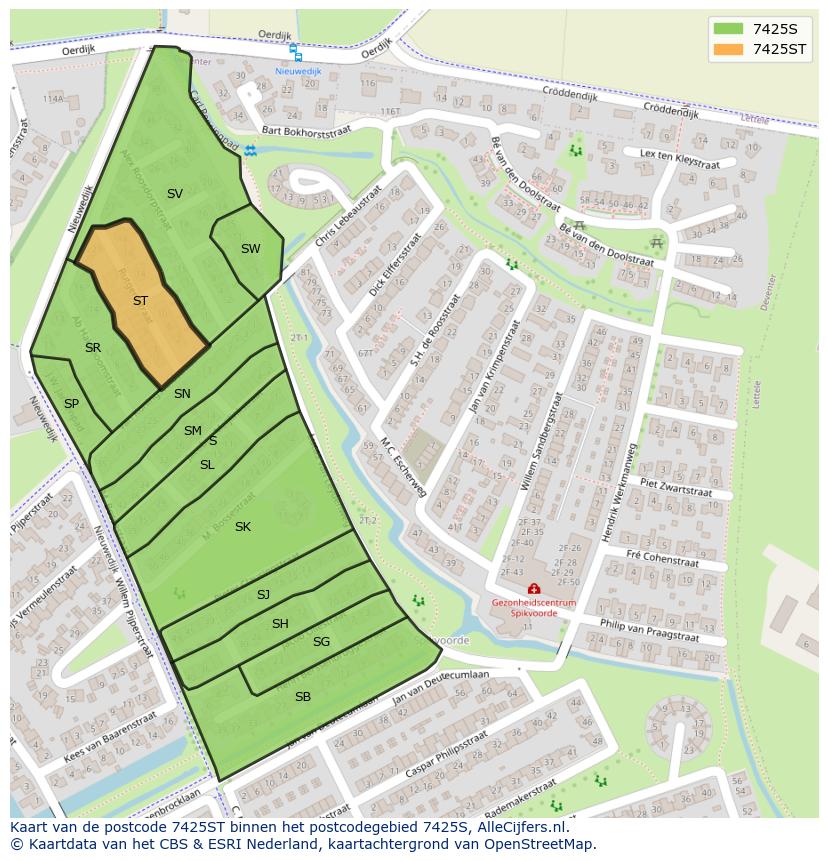 Afbeelding van het postcodegebied 7425 ST op de kaart.