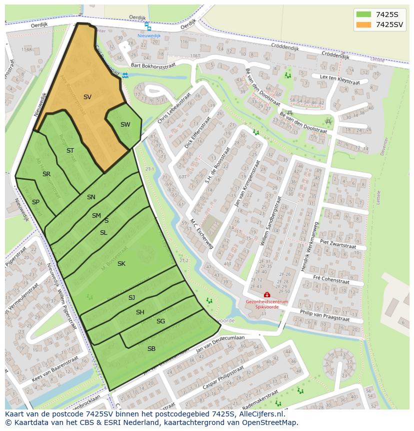 Afbeelding van het postcodegebied 7425 SV op de kaart.