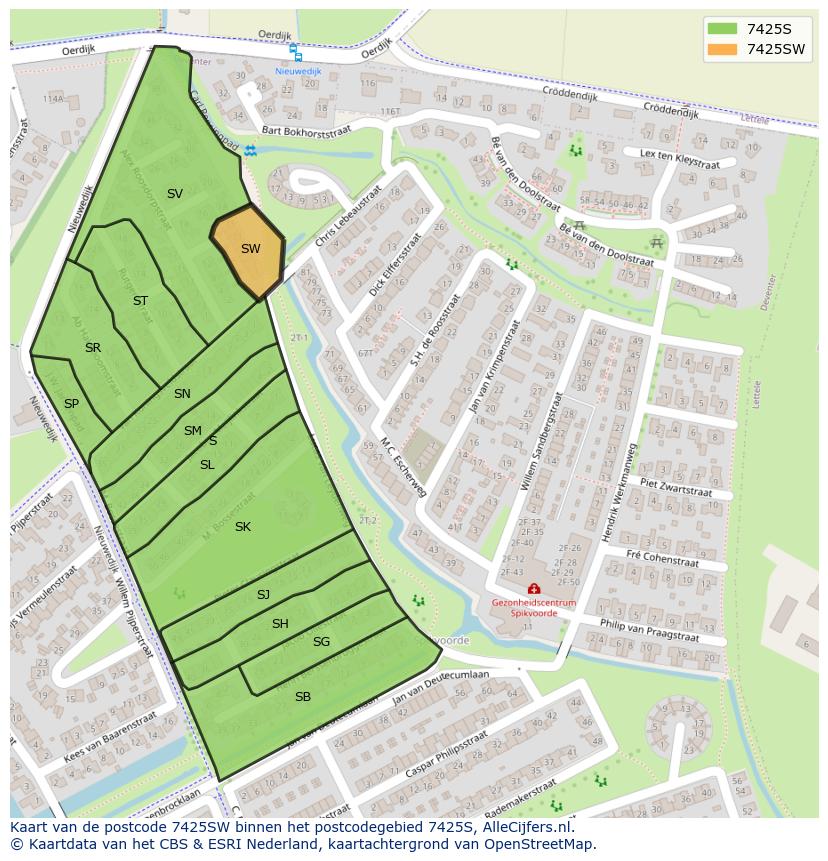 Afbeelding van het postcodegebied 7425 SW op de kaart.