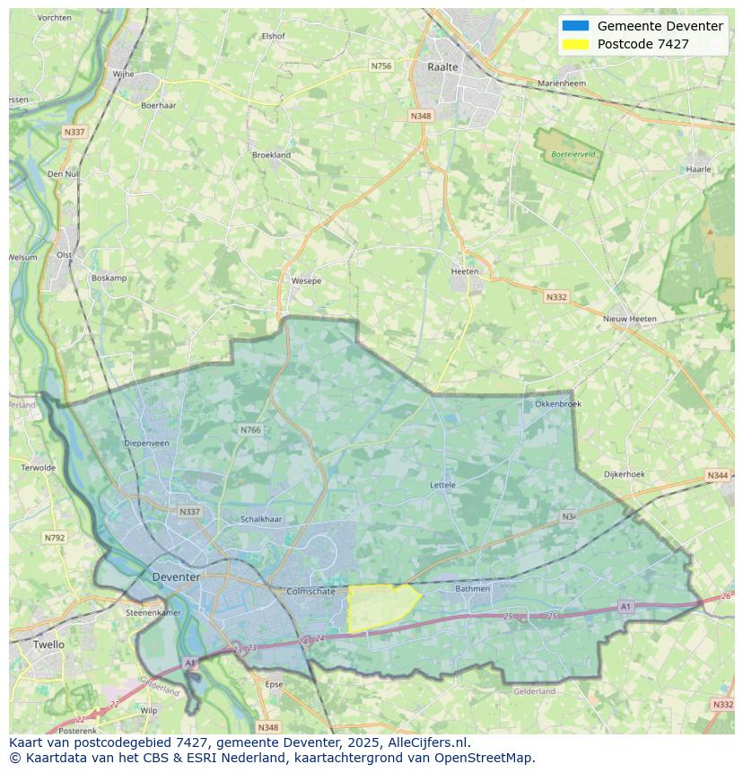 Afbeelding van het postcodegebied 7427 op de kaart.