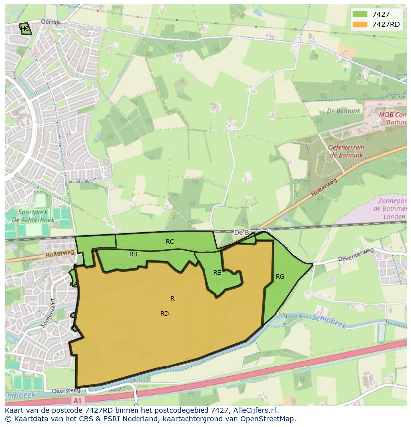 Afbeelding van het postcodegebied 7427 RD op de kaart.