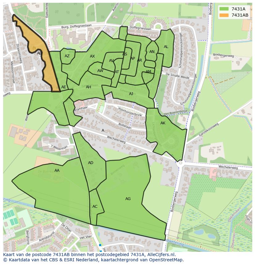 Afbeelding van het postcodegebied 7431 AB op de kaart.