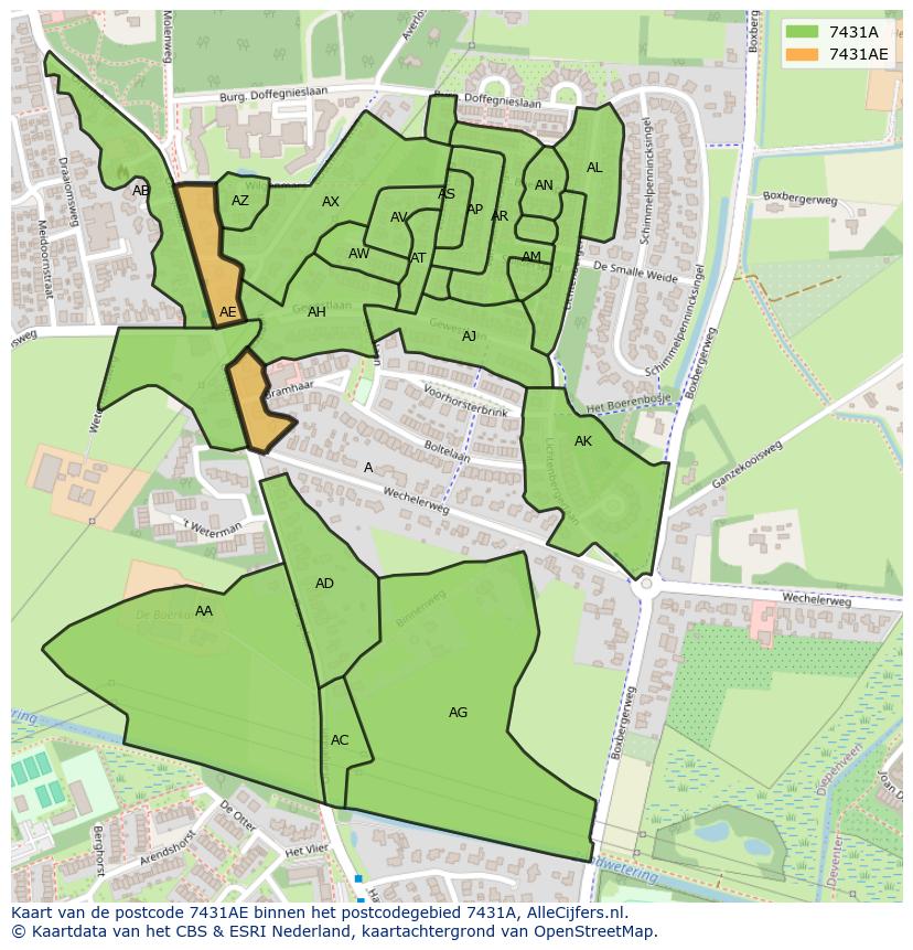 Afbeelding van het postcodegebied 7431 AE op de kaart.