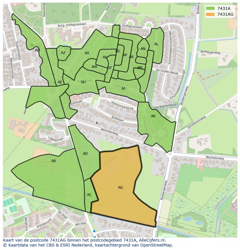 Afbeelding van het postcodegebied 7431 AG op de kaart.