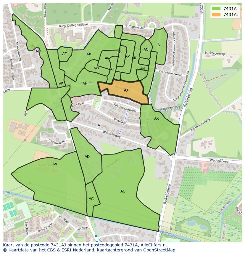 Afbeelding van het postcodegebied 7431 AJ op de kaart.