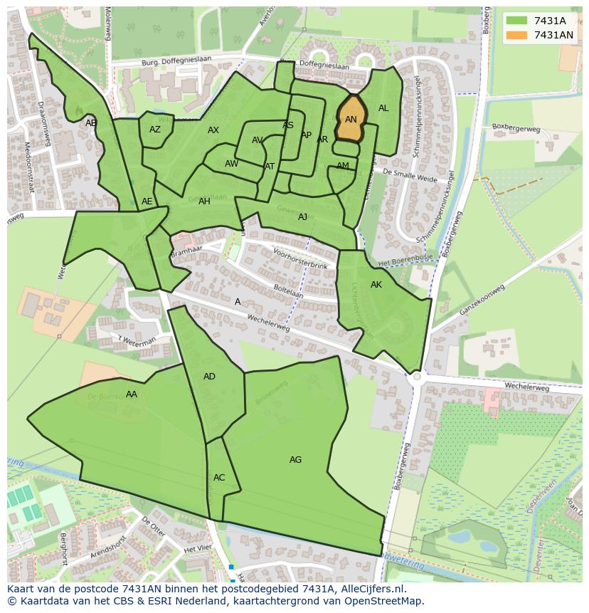 Afbeelding van het postcodegebied 7431 AN op de kaart.