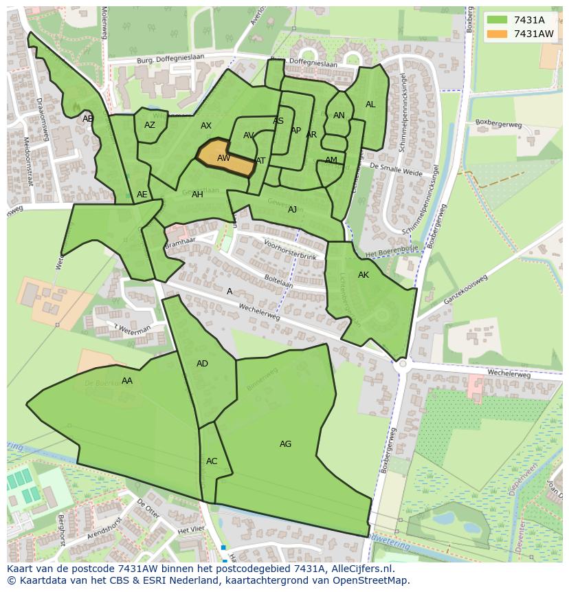 Afbeelding van het postcodegebied 7431 AW op de kaart.