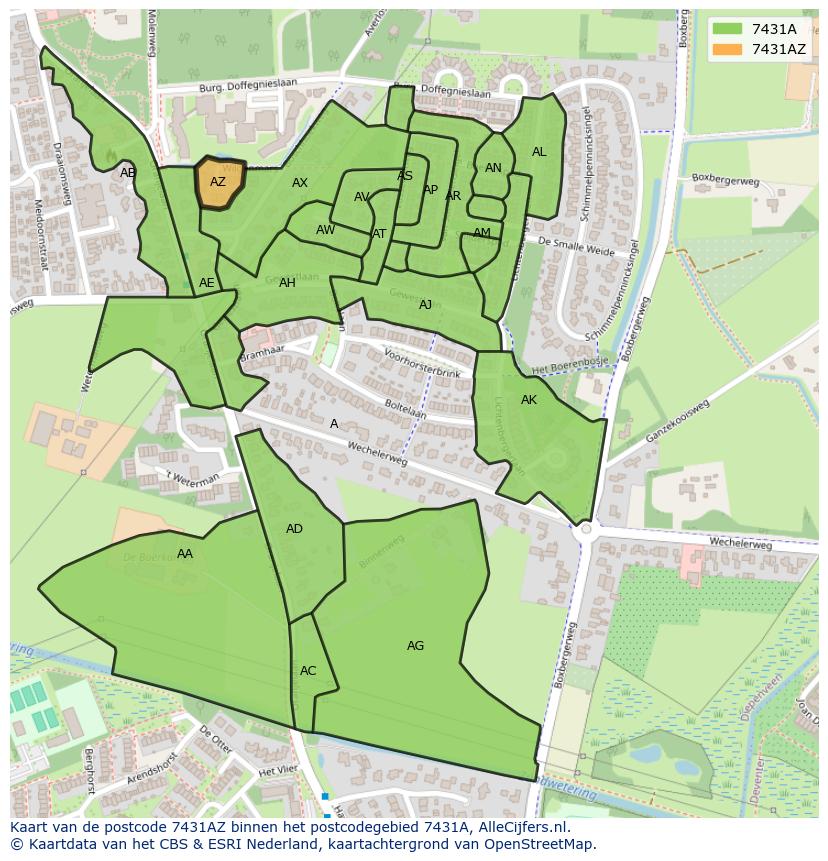 Afbeelding van het postcodegebied 7431 AZ op de kaart.