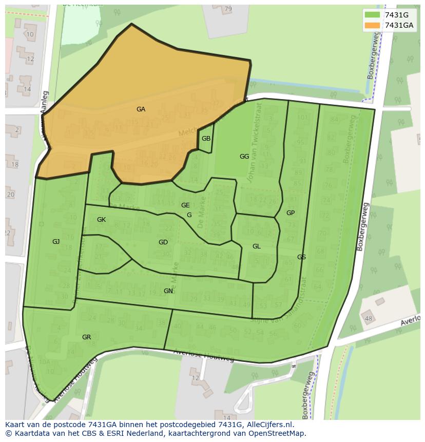 Afbeelding van het postcodegebied 7431 GA op de kaart.