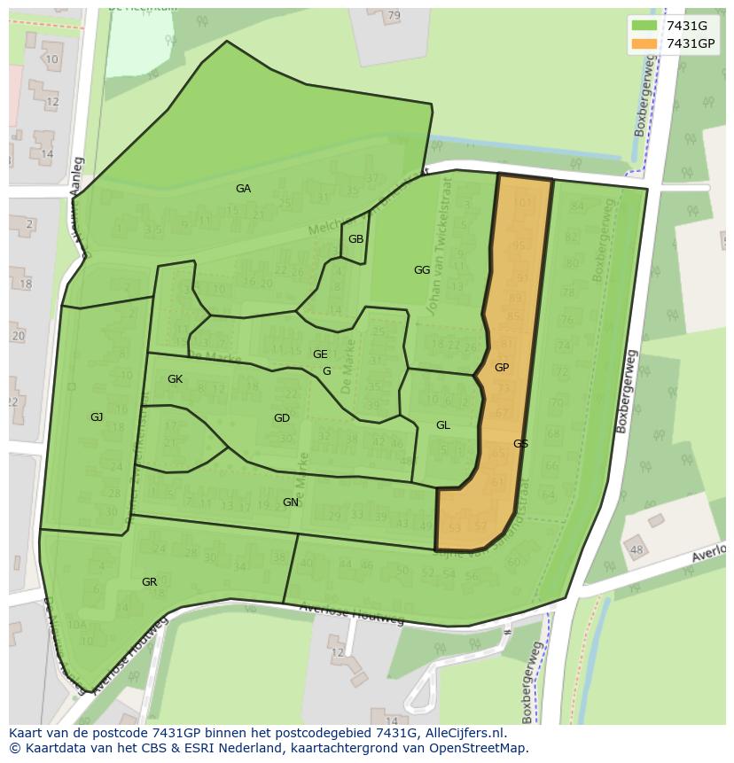 Afbeelding van het postcodegebied 7431 GP op de kaart.