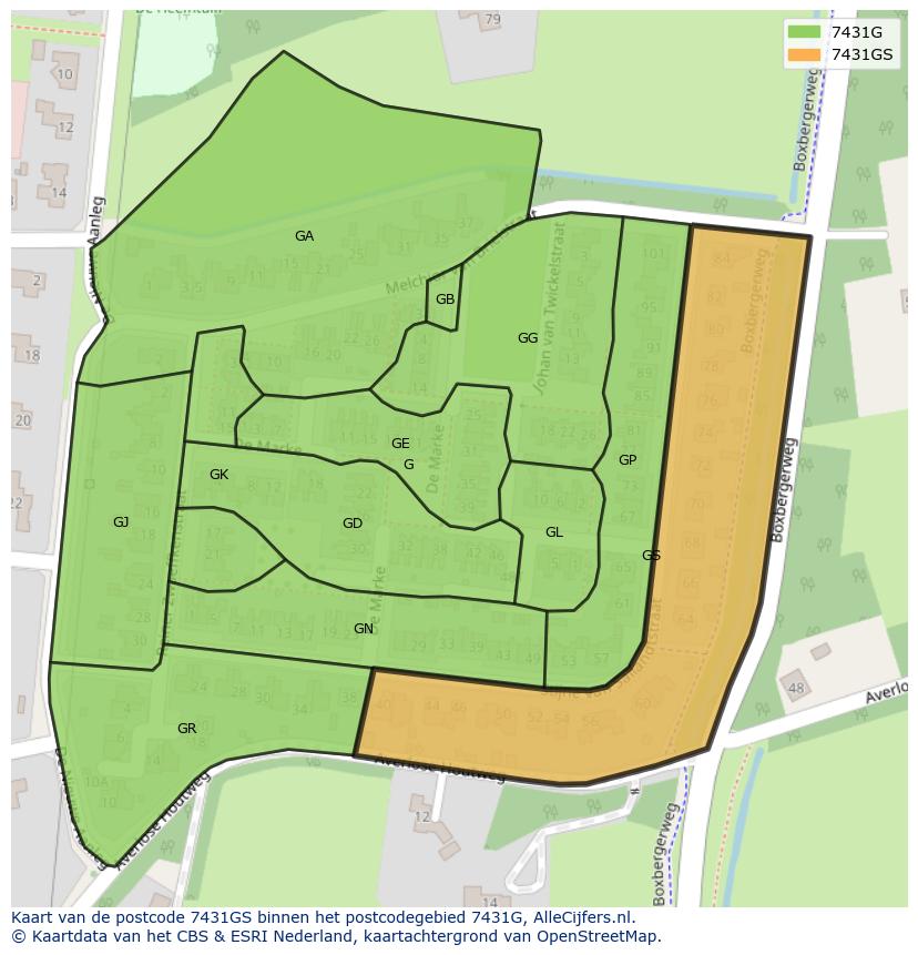 Afbeelding van het postcodegebied 7431 GS op de kaart.