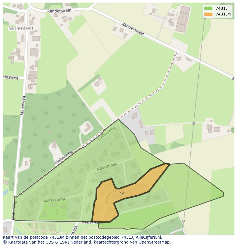 Afbeelding van het postcodegebied 7431 JM op de kaart.