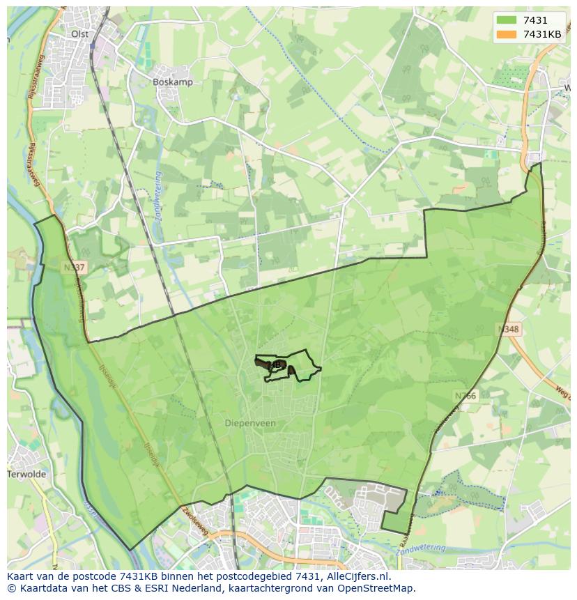 Afbeelding van het postcodegebied 7431 KB op de kaart.