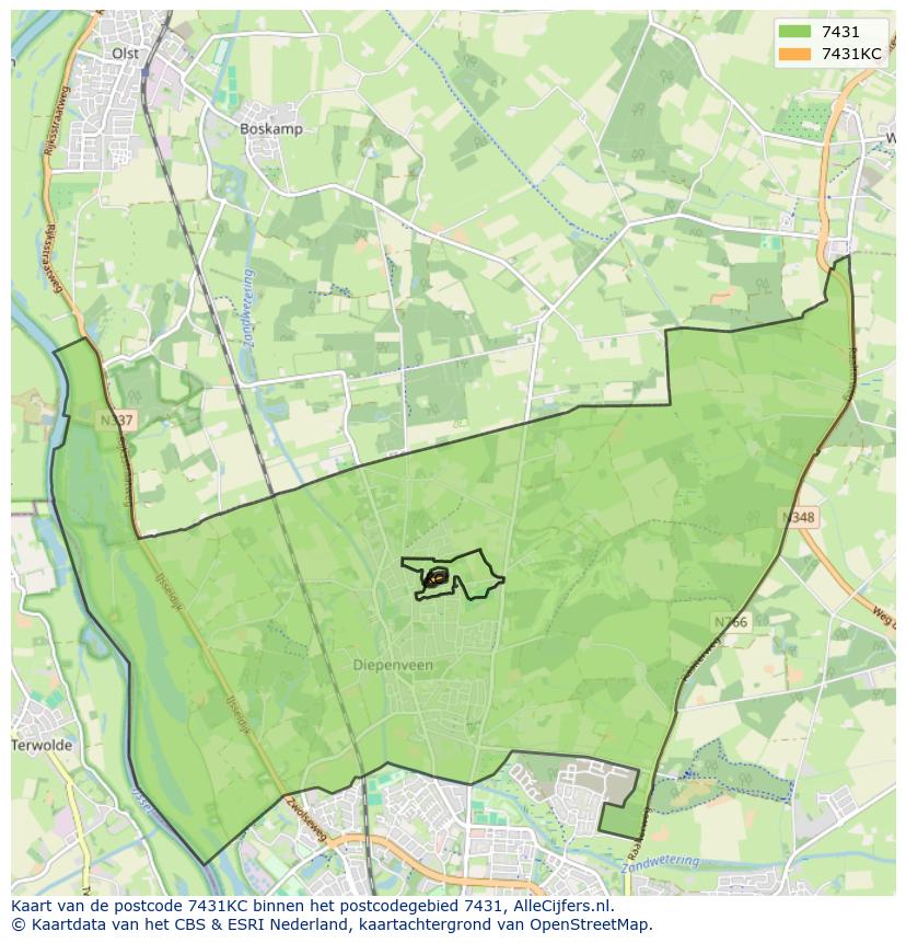 Afbeelding van het postcodegebied 7431 KC op de kaart.