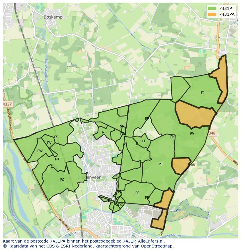 Afbeelding van het postcodegebied 7431 PA op de kaart.