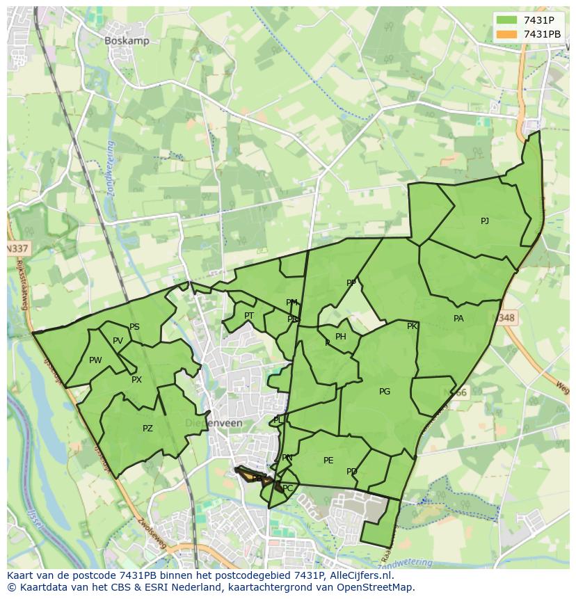 Afbeelding van het postcodegebied 7431 PB op de kaart.