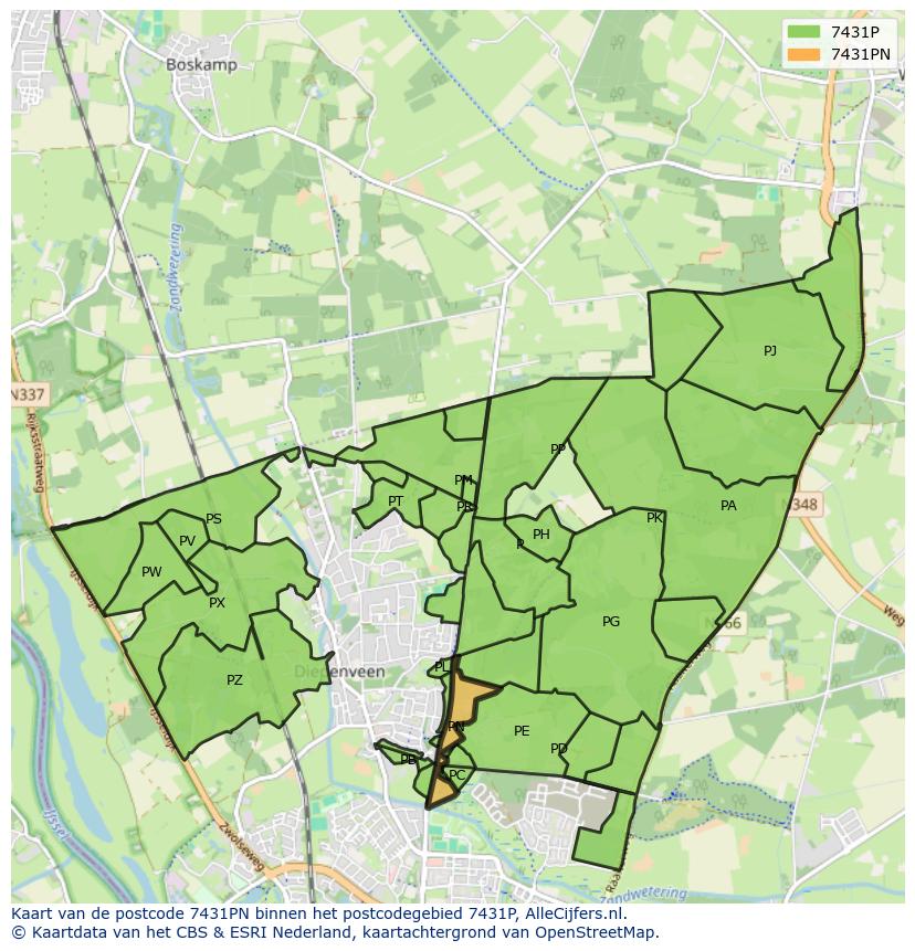 Afbeelding van het postcodegebied 7431 PN op de kaart.