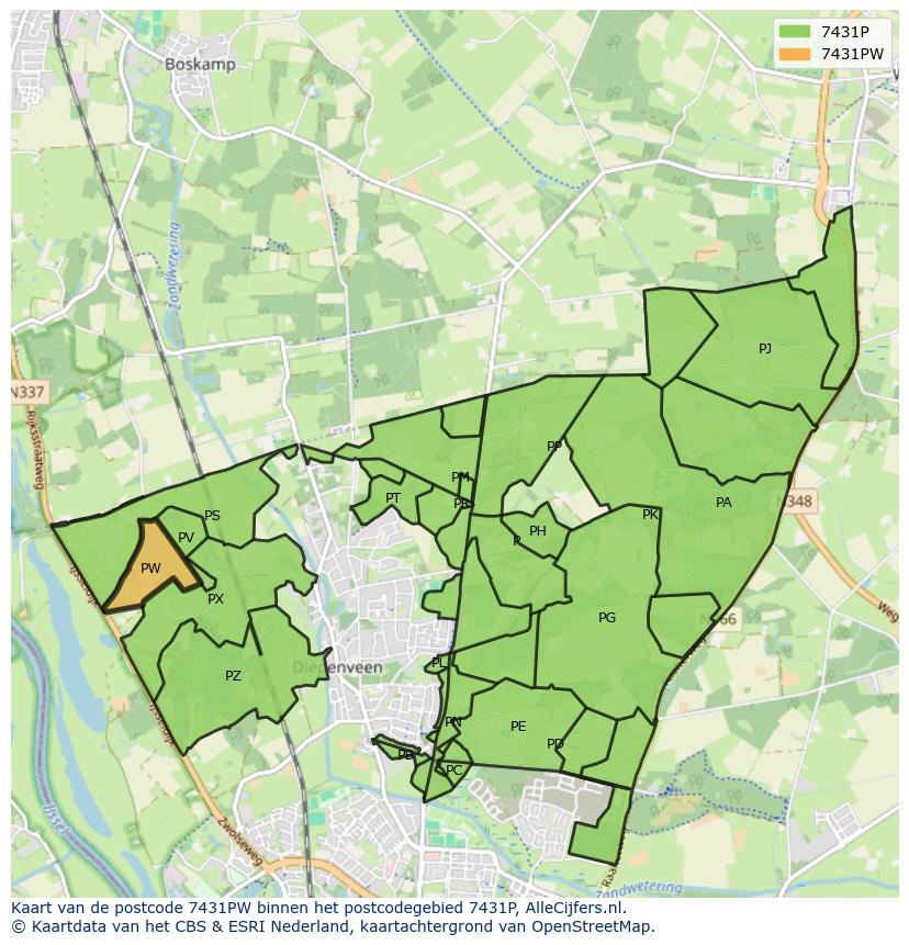 Afbeelding van het postcodegebied 7431 PW op de kaart.