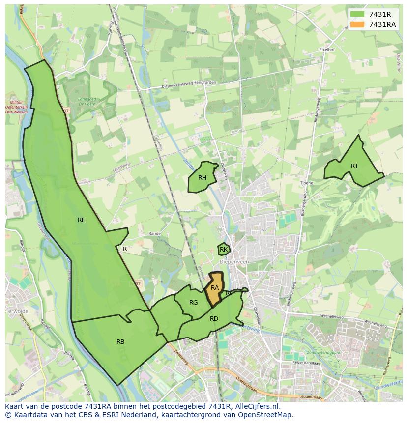 Afbeelding van het postcodegebied 7431 RA op de kaart.
