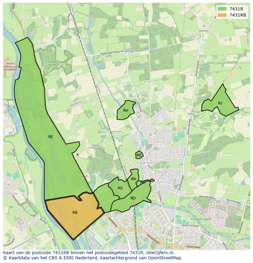 Afbeelding van het postcodegebied 7431 RB op de kaart.