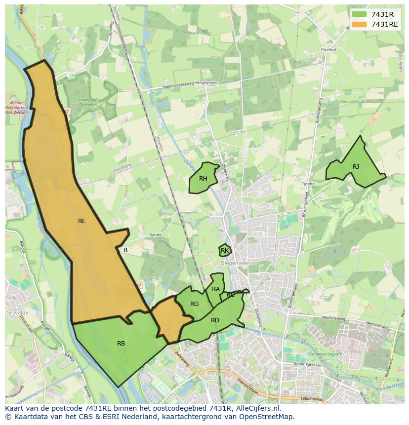 Afbeelding van het postcodegebied 7431 RE op de kaart.