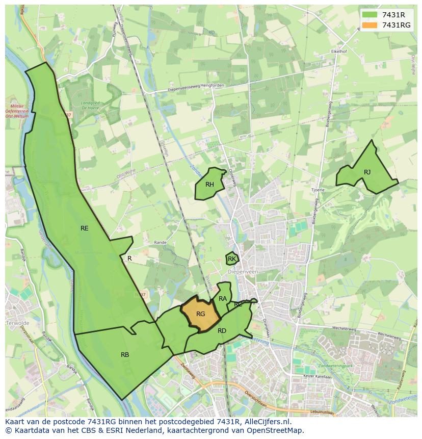 Afbeelding van het postcodegebied 7431 RG op de kaart.